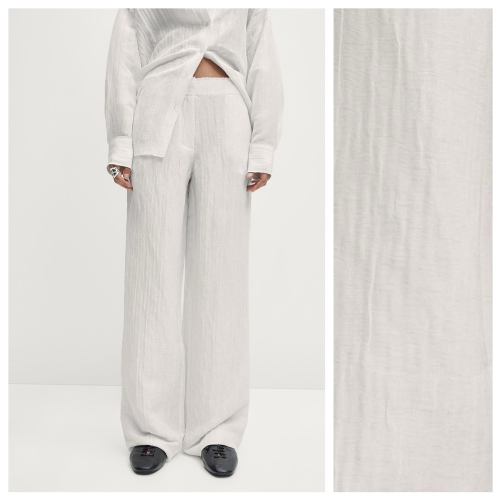 NWT. Massimo Dutti White Wrinkled Effect Flowing Trousers. Size 2.